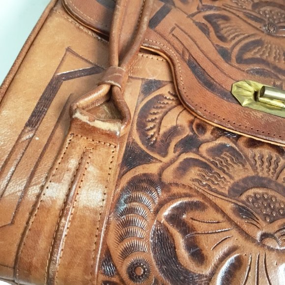 Vintage Avelar's Hand Tooled Floral Leather Handbag Bag Purse - Picture 6 of 13